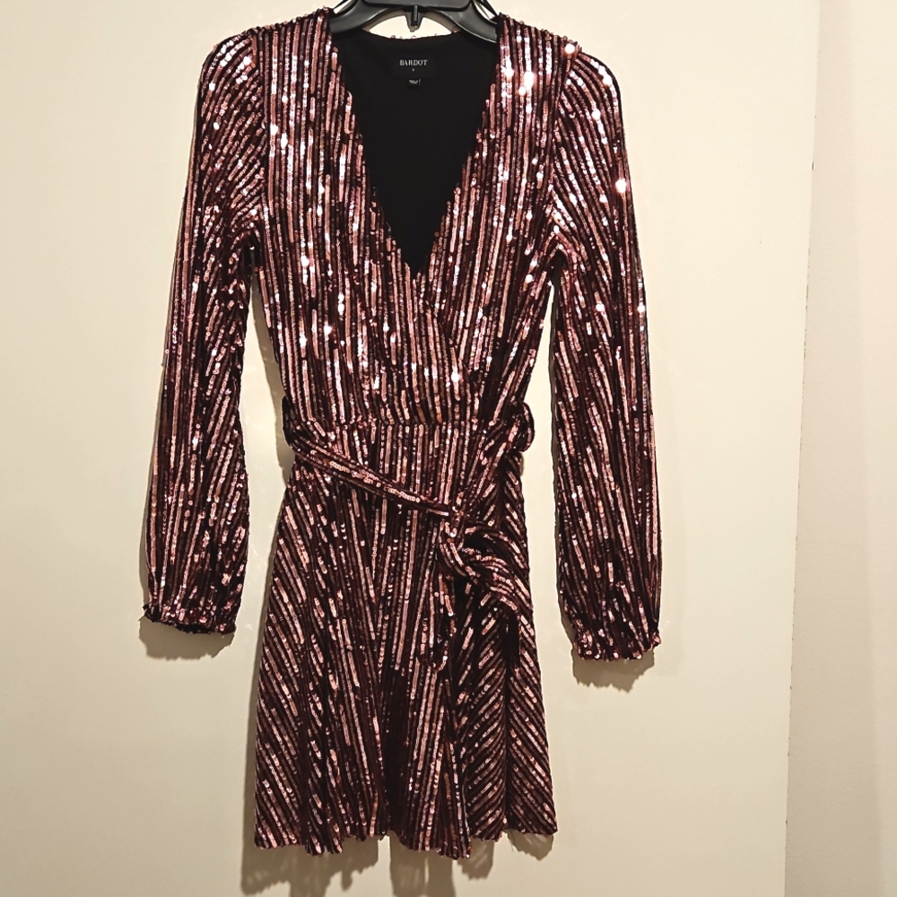 Bardot Stripe Pink Rose Colored Sequins Bellissa Dress Long Sleeve XS - Picture 11 of 13